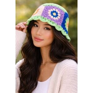 Crochet Bucket Granny Square Hat Open Knit Festival Boho Hippie Handmade Retro